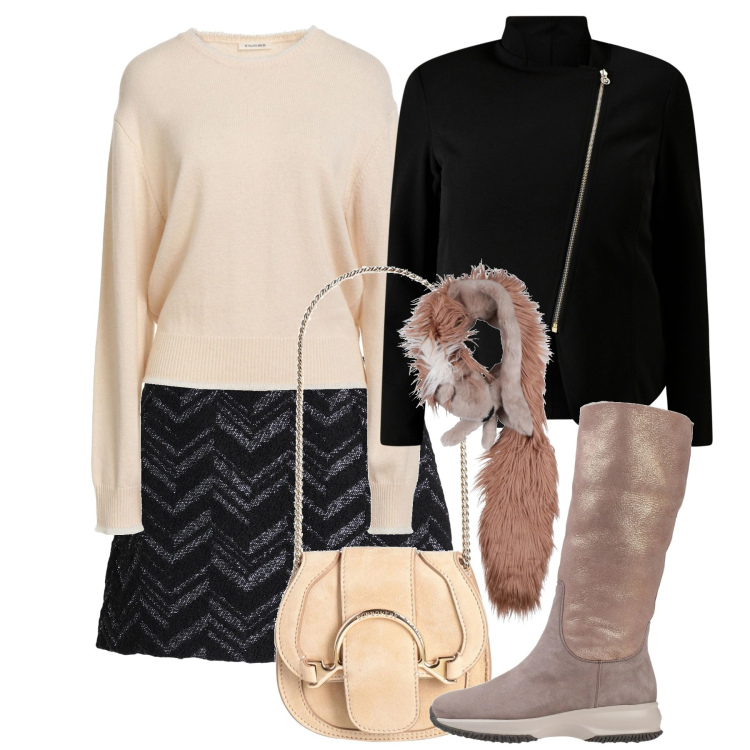 Outfit donna - Elegante e particolare. Stile Chic per Serata fuori. Abbinamento con stivali da neve, sciarpe, marsupi, minigonne, pullovers, blazer.