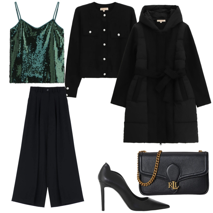 Outfit donna - Aperitivo. Stile Casual chic per Tutti i giorni. Abbinamento con décolleté, cappotti, cardigans, pantaloni, top, clutch.