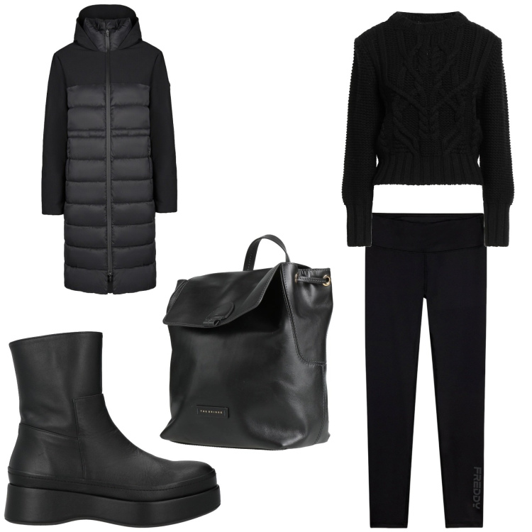 Outfit donna - Minimal Winter style. Stile Urban per Tutti i giorni. Abbinamento con pullovers, zaini, stivaletti, leggings, cappotti.
