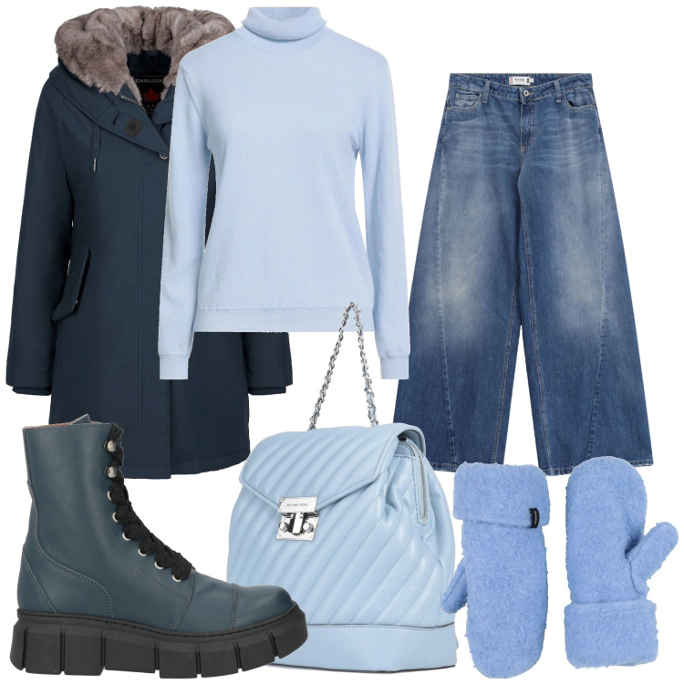 Outfit donna - Febbraio freddo. Stile Casual per Tutti i giorni. Abbinamento con maglieria, stivaletti, zaini, guanti, jeans, parka.