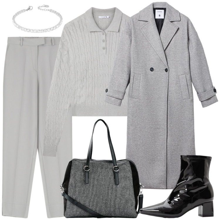 Outfit donna - Maschile in grigio. Stile Mannish per Ufficio. Abbinamento con borse a mano, stivaletti, cappotti, t-shirt, pantaloni, braccialetti.