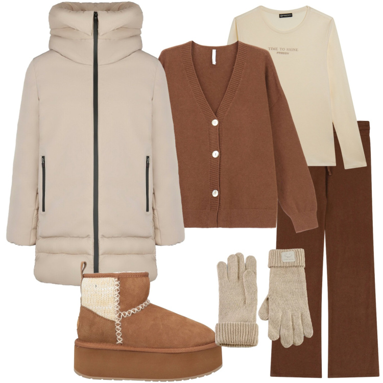 Outfit donna - Confortevole sotto la neve. Stile Casual chic per Tutti i giorni. Abbinamento con stivaletti, pantaloni a palazzo, cardigans, t-shirt, cappotti, guanti.