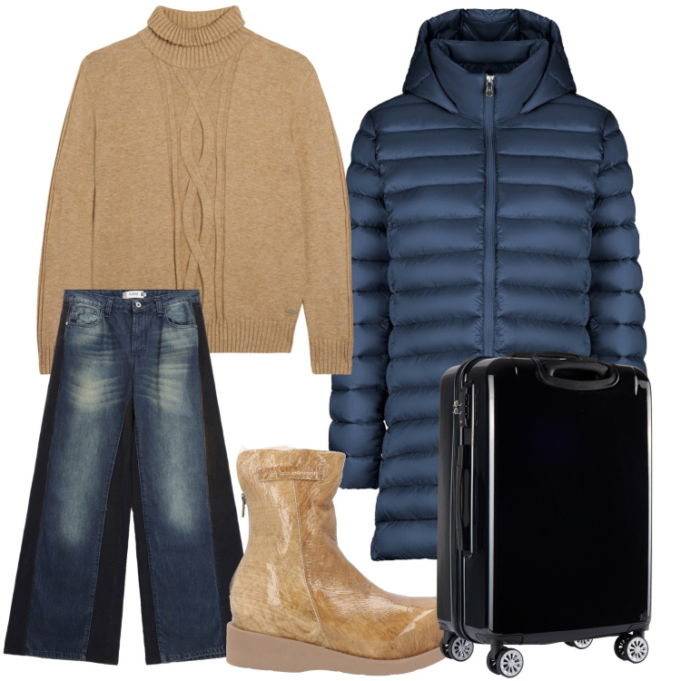 Outfit donna - Ritorno al calduccio dell imbottito. Stile Casual chic per Tutti i giorni. Abbinamento con stivaletti, jeans a zampa, maglieria, valigie, piumini.