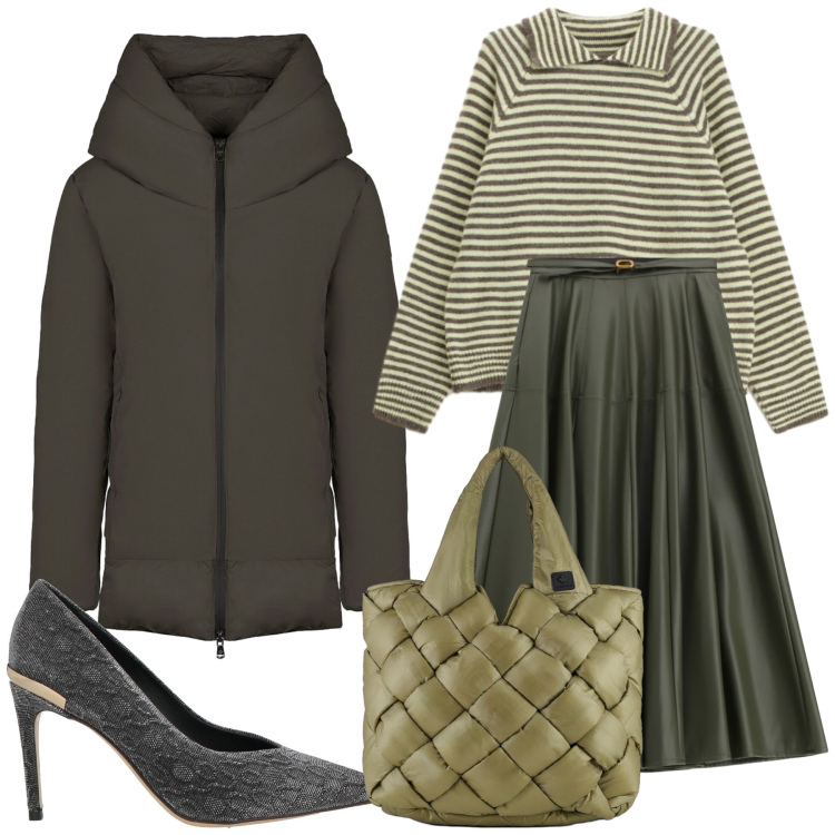 Outfit donna - Green restaurant. Stile Chic per Serata fuori. Abbinamento con décolleté, maglieria, gonne lunghe, piumini, borse tote.