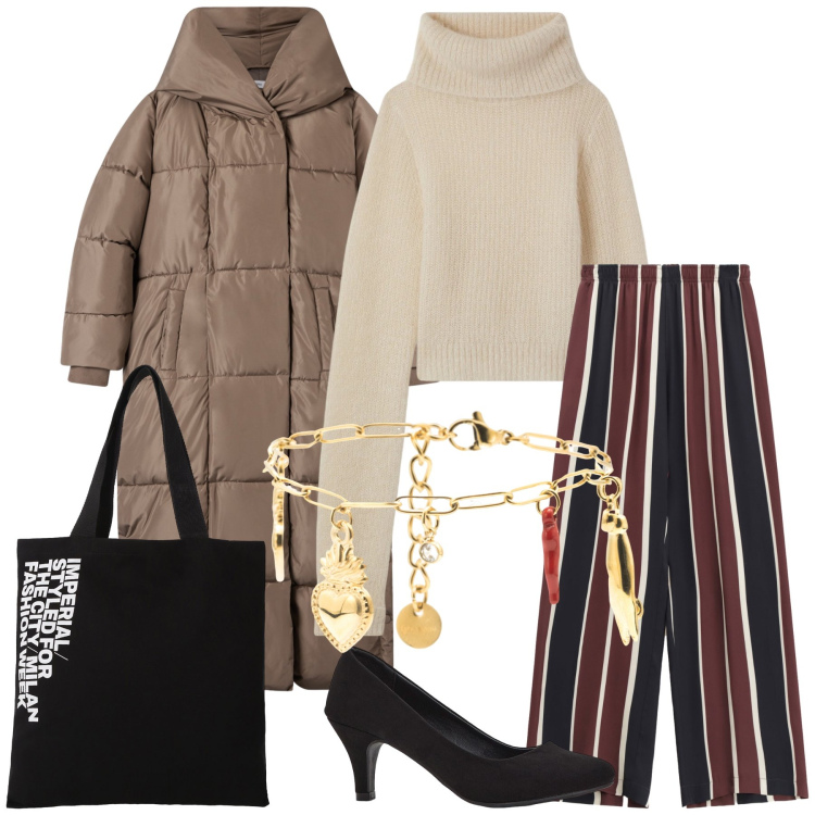 Outfit donna - L ufficio dopo le vacanze. Stile Trendy per Ufficio. Abbinamento con décolleté, maglieria, cappotti, shopping bag, pantaloni a palazzo, braccialetti.