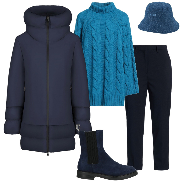 Outfit donna - Wrapped in style. Stile Casual chic per Ufficio. Abbinamento con stivaletti chelsea, cappelli, pantaloni, maglieria, piumini.