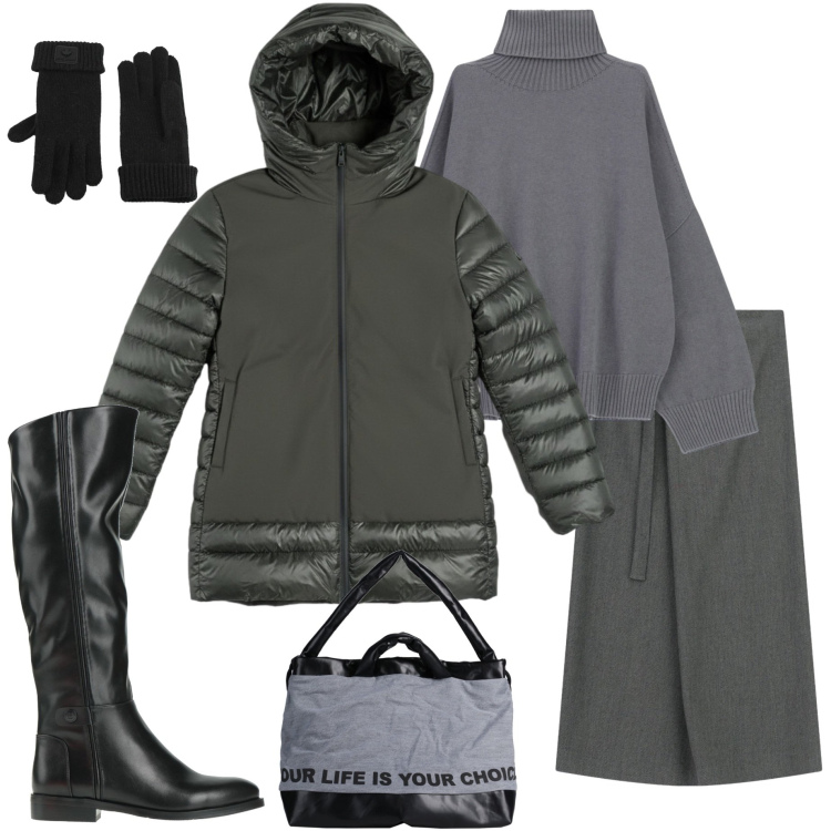 Outfit donna - Wrapped in style. Stile Urban per Ufficio. Abbinamento con stivali, zaini, gonne lunghe, maglieria, piumini, guanti.