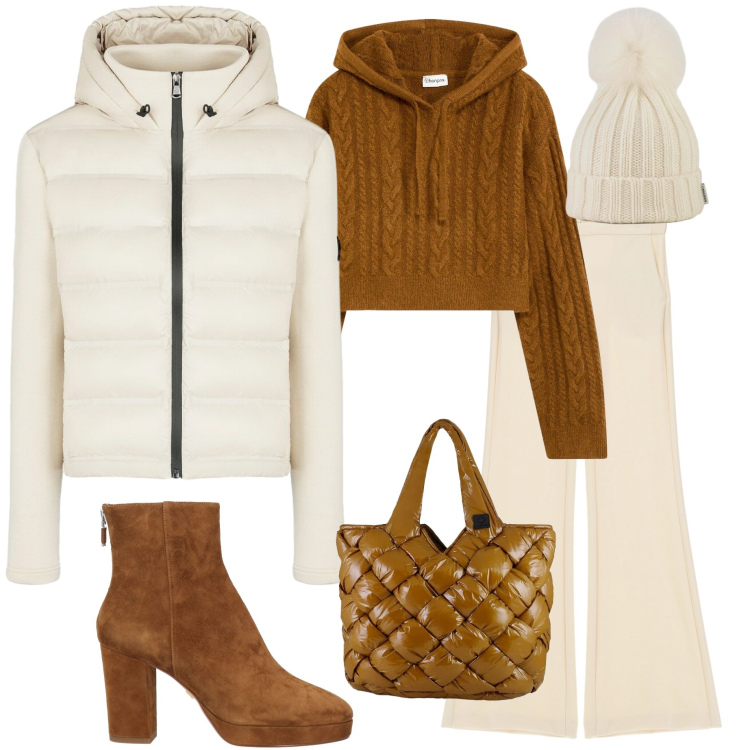 Outfit donna - Wrapped in style. Stile Casual chic per Tutti i giorni. Abbinamento con maglieria, stivaletti, pantaloni, piumini, borse tote, berretti.