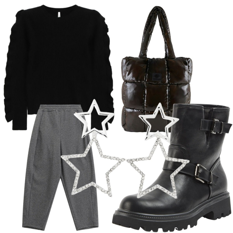 Outfit donna - Total look #2315353. Stile Casual per Tutti i giorni. Abbinamento con stivaletti, orecchini, pantaloni, maglieria, shopping bag.