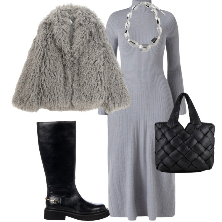 Outfit donna - Soft Grey. Stile Casual chic per Serata fuori. Abbinamento con ecopellicce, borse tote, vestiti midi/longuette, stivali sopra il ginocchio, ciondoli.