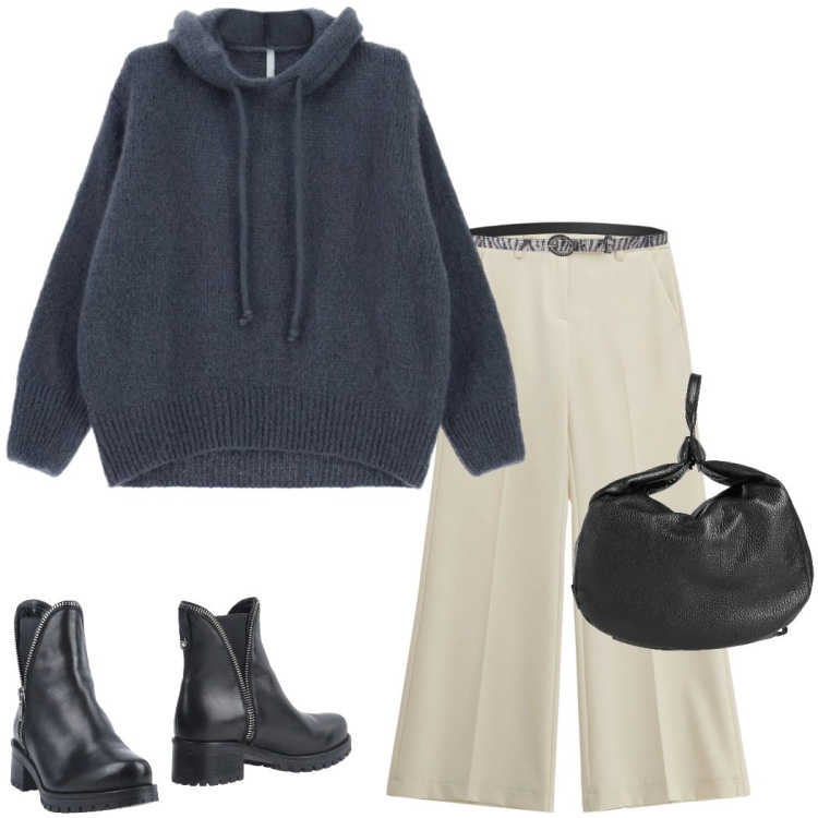 Outfit donna - Maglione che abbraccia. Stile Casual chic per Tutti i giorni. Abbinamento con stivaletti, zaini, pantaloni, maglieria, cinture.