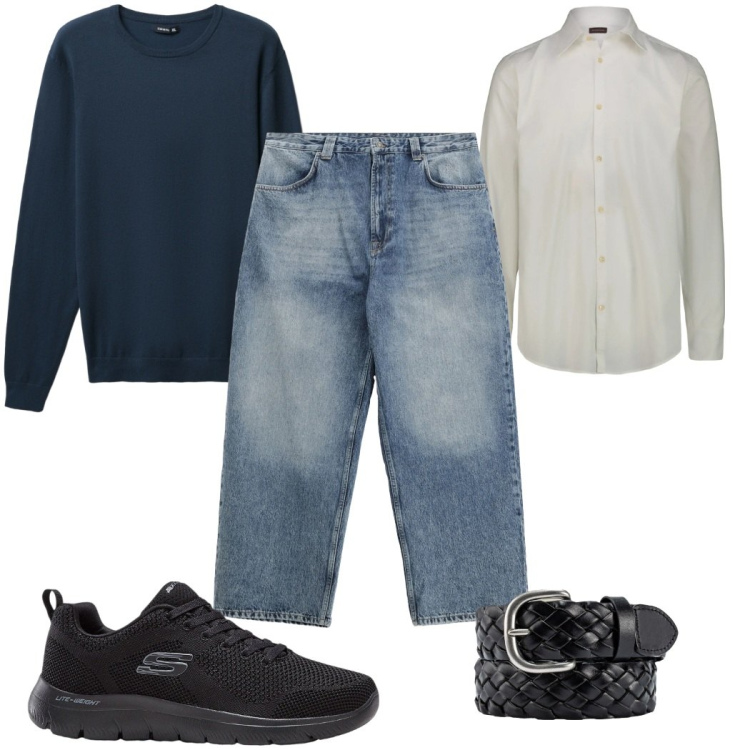Outfit uomo - Gennaio in lana : in ufficio. Stile Casual per Ufficio. Abbinamento con sneakers, maglieria, jeans, cinture, camicie.