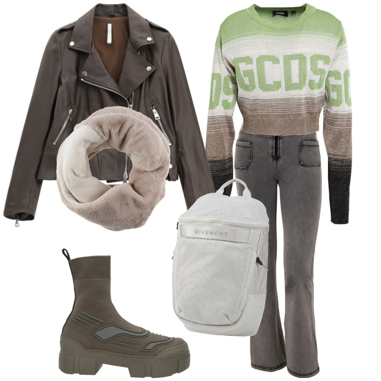 Outfit donna - Bikers. Stile Casual per Tutti i giorni. Abbinamento con sciarpe, stivaletti, pullovers, zaini, giacche, jeans.