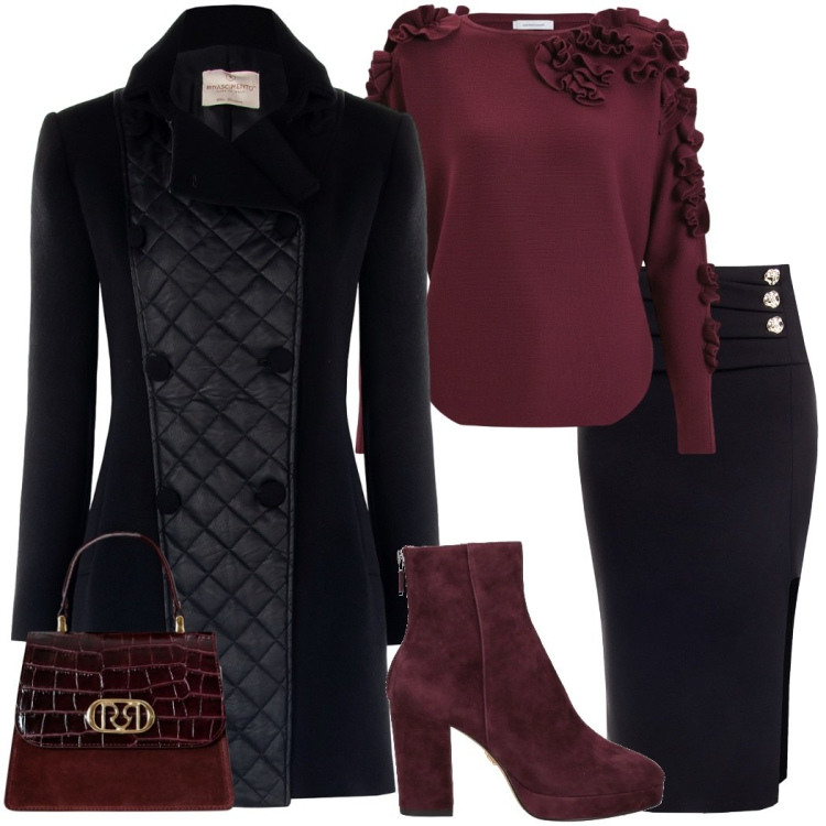 Outfit donna - Cappotto nero. Stile Chic per Serata fuori. Abbinamento con stivaletti, cappotti, gonne longuette, maglieria, borse a mano.