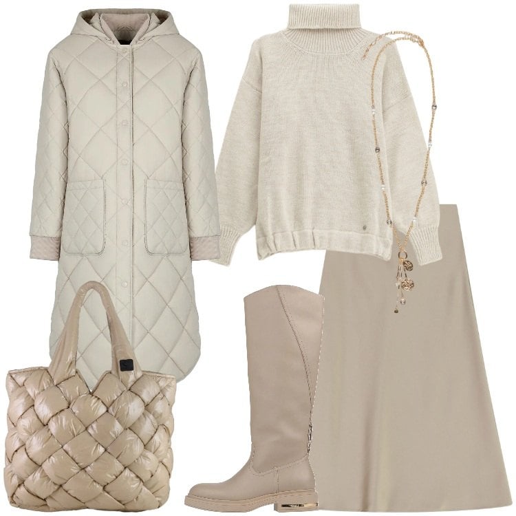 Outfit donna - Wrapped in Style. Stile Minimal per Tutti i giorni. Abbinamento con stivali, maglieria, gonne longuette, piumini, borse tote, ciondoli.