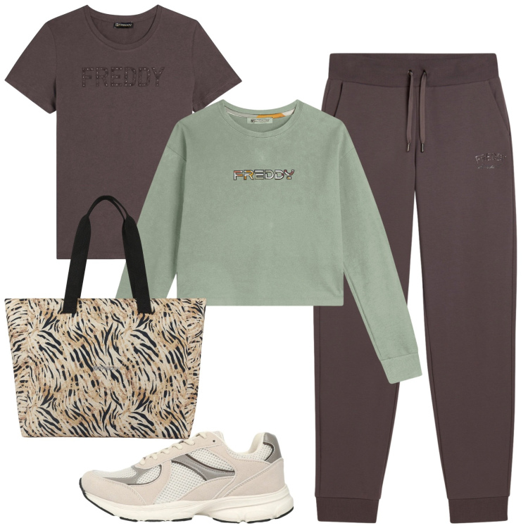Outfit donna - Freddy. Stile Casual per Tutti i giorni. Abbinamento con sneakers, pantaloni, t-shirt, shopping bag, felpe.