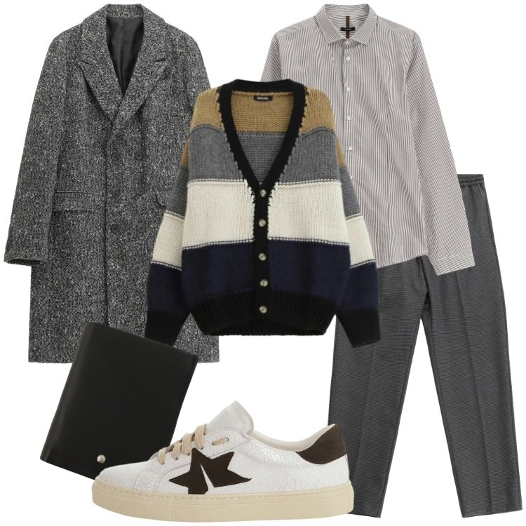 Outfit uomo - Saldi by Imperial. Stile Trendy per Ufficio. Abbinamento con cappotti, pantaloni, portafogli, camicie, sneakers, cardigans.