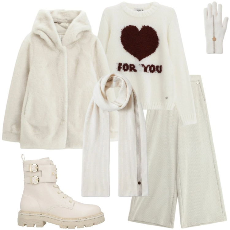 Outfit donna - Tonalità burro. Stile Urban per Tutti i giorni. Abbinamento con anfibi, pantaloni a palazzo, ecopellicce, sciarpe, guanti, pullovers.