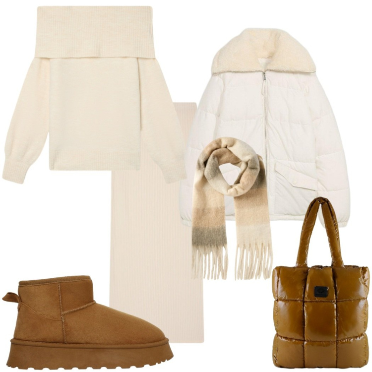 Outfit donna - Tonalità burro. Stile Sporty chic per Tutti i giorni. Abbinamento con giacche, maglieria, gonne lunghe, sciarpe, stivali, shopping bag.