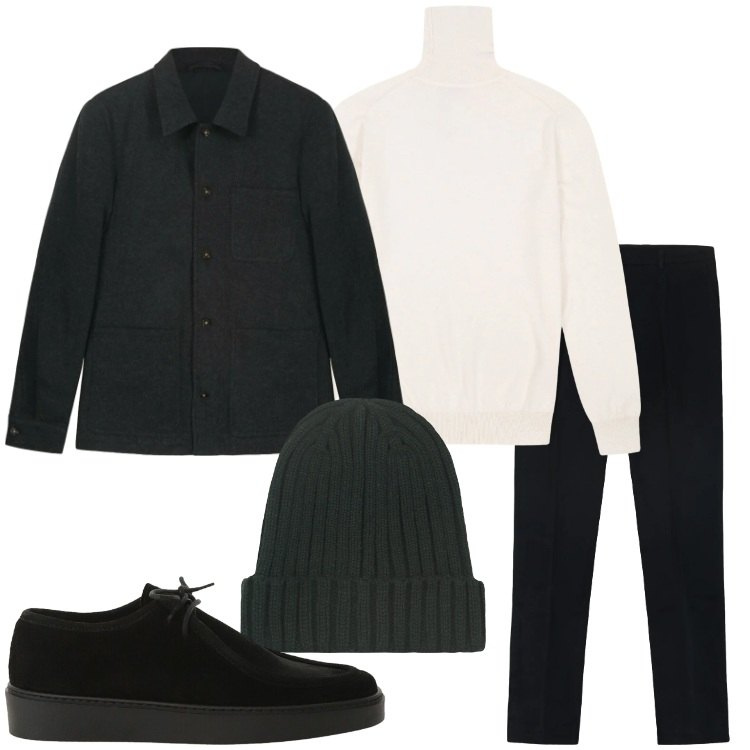 Outfit uomo - Smart casual. Stile Casual per Ufficio. Abbinamento con scarpe stringate, pantaloni, maglieria, berretti, cappotti.