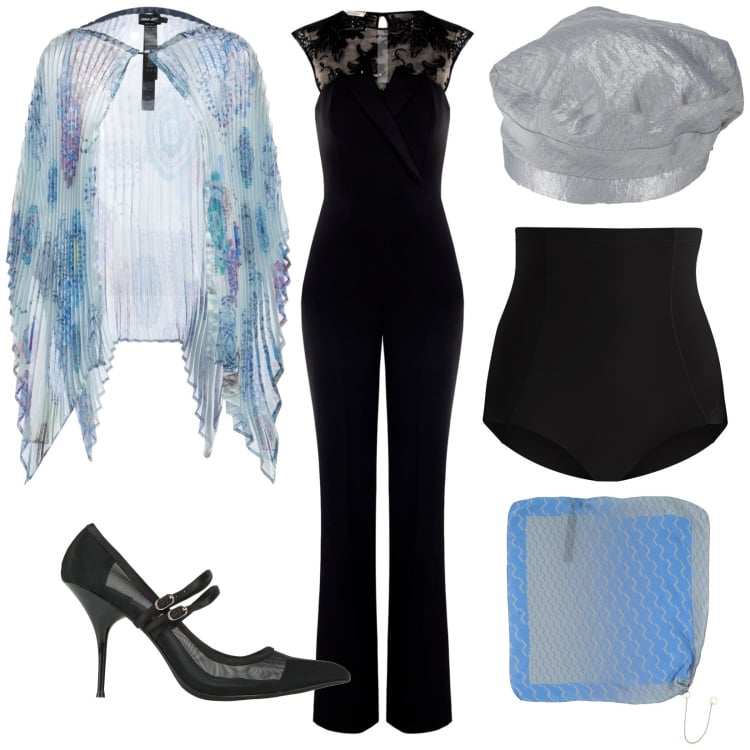 Outfit donna - Total look #2315408. Stile Glamour per Cerimonia. Abbinamento con cappe, sciarpe, cappelli e berretti, décolleté, tute, culotte.