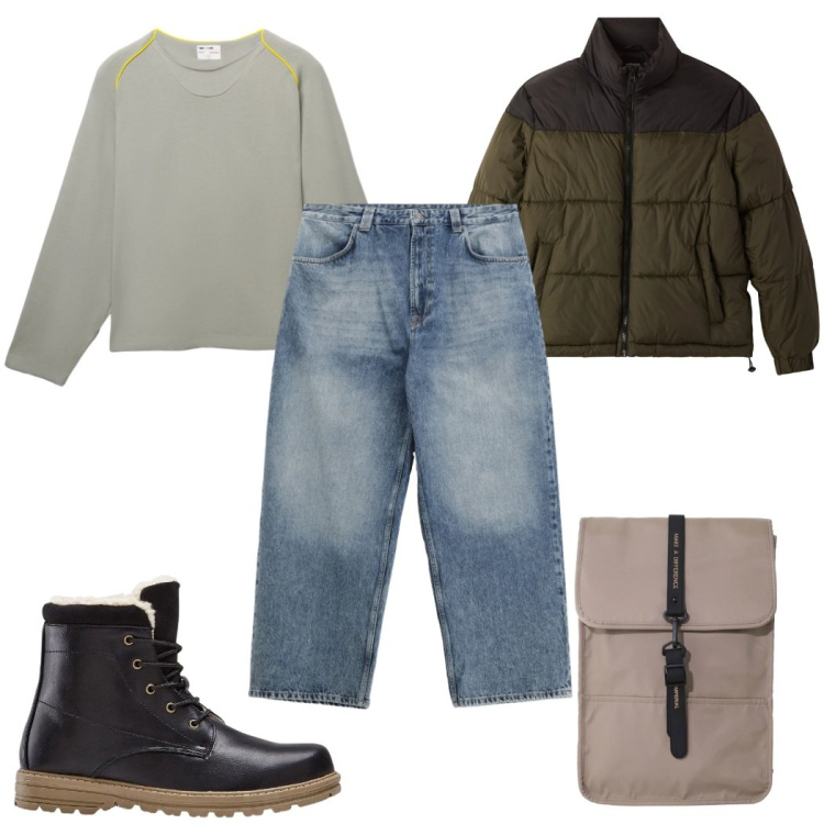 Outfit uomo - Look da rientro: in jeans. Stile Casual per Tutti i giorni. Abbinamento con stivali e stivaletti, bomber, t-shirt, jeans, borse sportive.