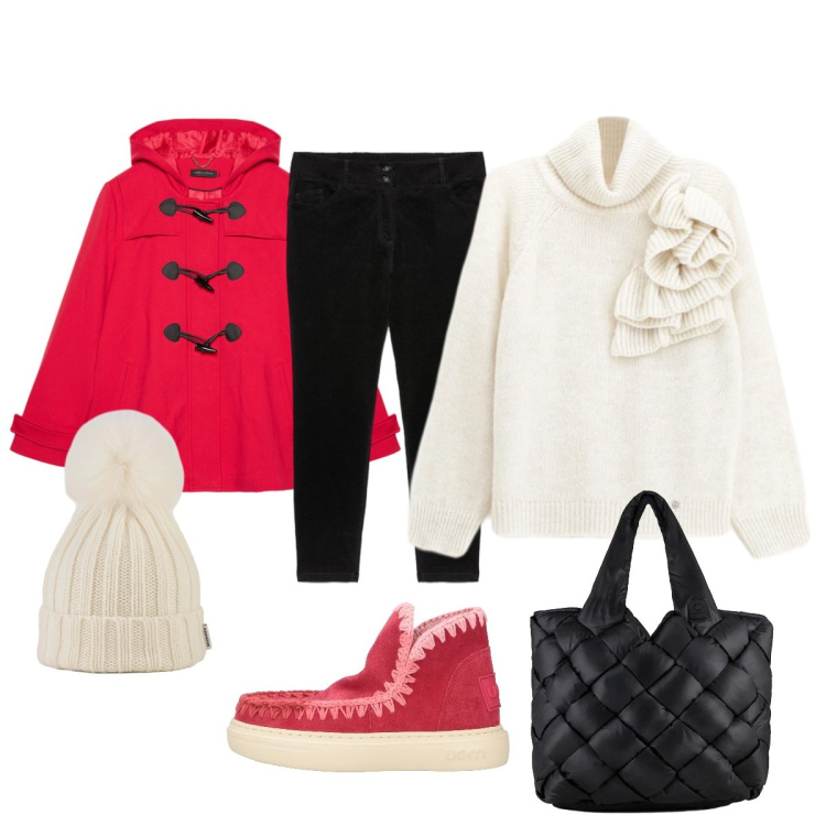 Outfit donna - Confortevole sotto la neve. Stile Minimal per Tutti i giorni. Abbinamento con stivaletti, maglieria, borse tote, berretti, blazer, pantaloni skinny.