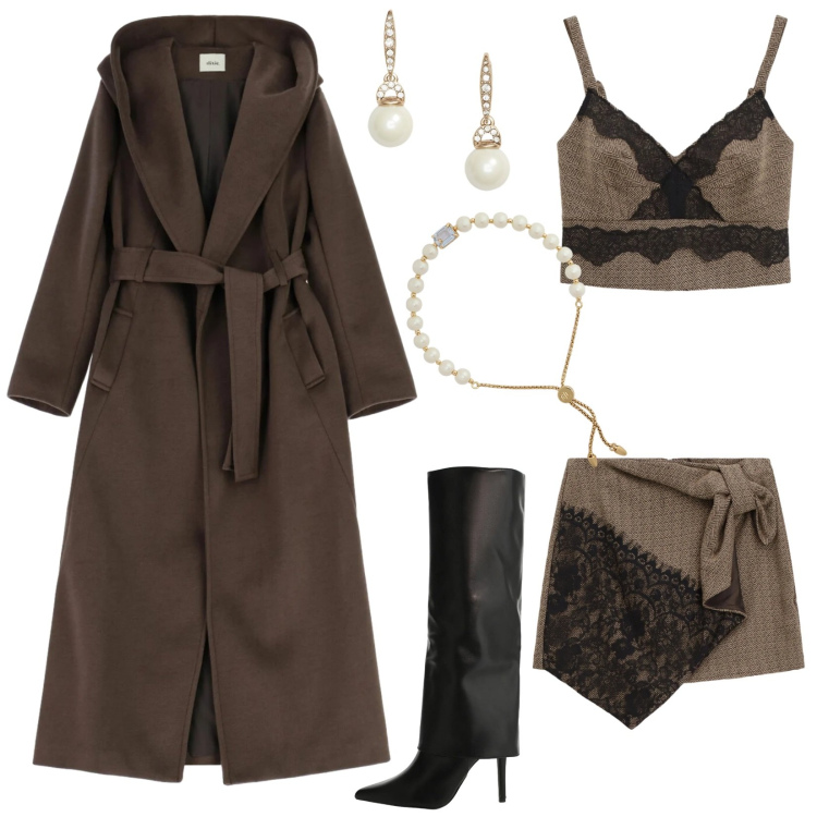 Outfit donna - Saldi Dixie FW 2025. Stile Trendy per Serata fuori. Abbinamento con stivali, cappotti, minigonne, top, orecchini, braccialetti.