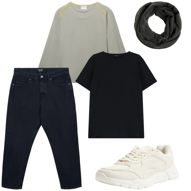 Outfit uomo - Total look #2315437. Stile Casual per Tutti i giorni. Abbinamento con sneakers, sciarpe, jeans dritti, t-shirt, t-shirt.