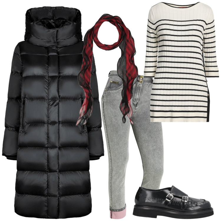 Outfit donna - Wrapped in Style. Stile Minimal per Tutti i giorni. Abbinamento con sciarpe, pullovers, mocassini, jeans dritti, cappotti.