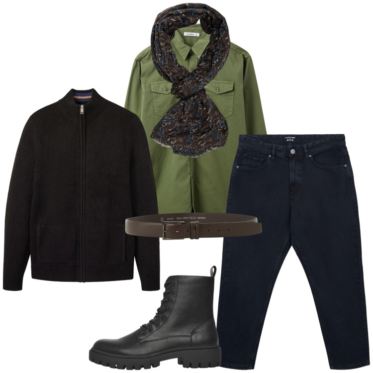 Outfit uomo - Total look #2315439. Stile Trendy per Serata speciale. Abbinamento con cardigans, camicie, anfibi, jeans dritti, cinture, sciarpe.