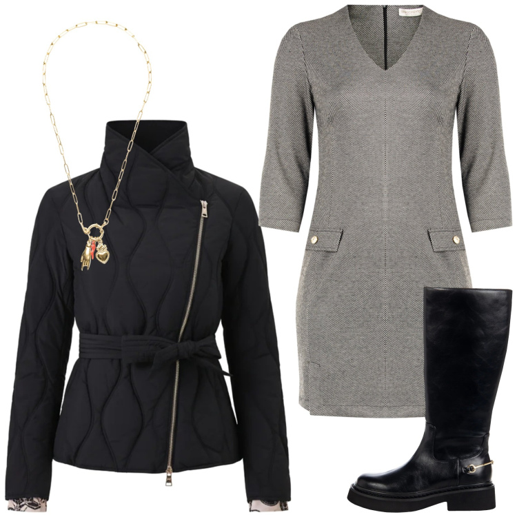 Outfit donna - Total look #2315440. Stile Urban per Serata fuori. Abbinamento con ciondoli, stivali sopra il ginocchio, vestiti corti, piumini.