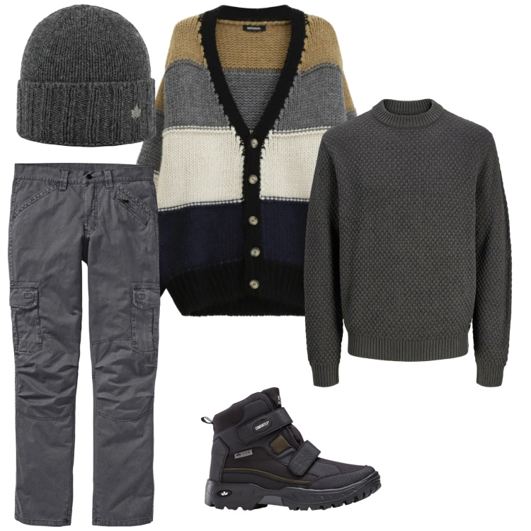 Outfit uomo - Total look #2315445. Stile Urban per Tutti i giorni. Abbinamento con pantaloni cargo, stivali e stivaletti, maglieria, cardigans, cappelli.