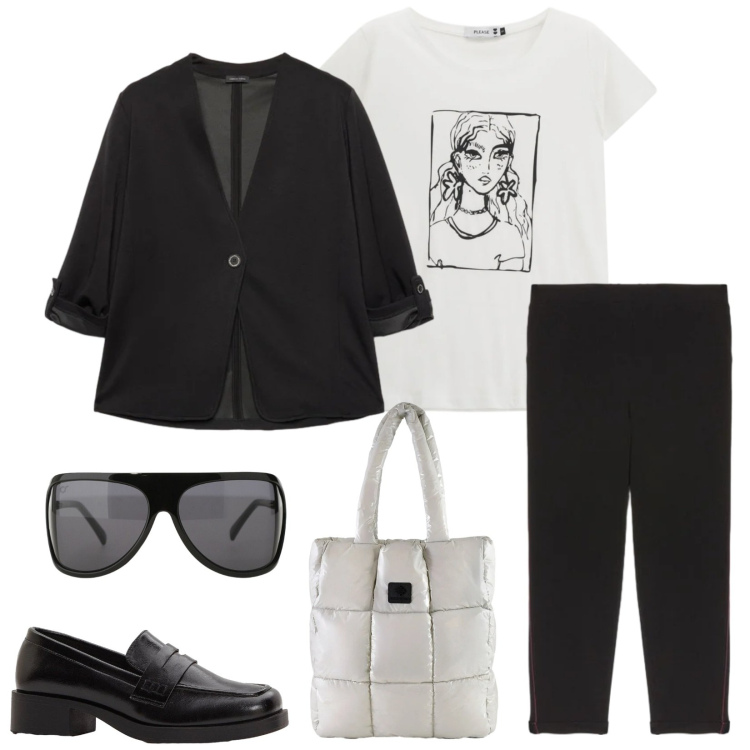 Outfit donna - Total look #2315446. Stile Casual chic per Tutti i giorni. Abbinamento con mocassini, t-shirt, occhiali da sole, shopping bag, pantaloni, blazer.