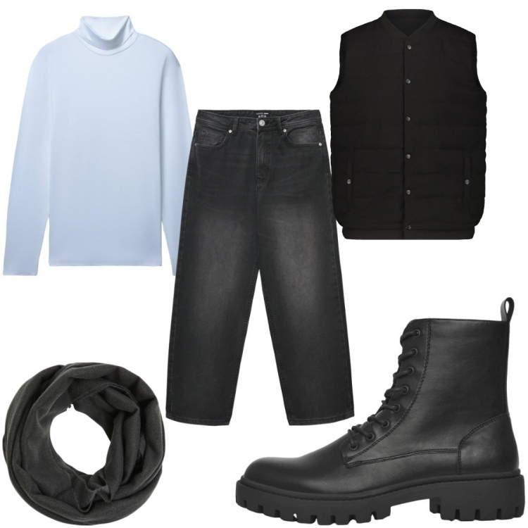 Outfit uomo - Total look #2315450. Stile Trendy per Tutti i giorni. Abbinamento con anfibi, sciarpe, jeans dritti, t-shirt, piumini.