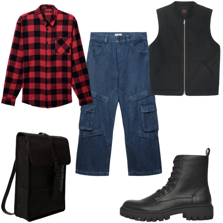 Outfit uomo - Total look #2315452. Stile Casual per Tutti i giorni. Abbinamento con anfibi, camicie, jeans, borse sportive, piumini.