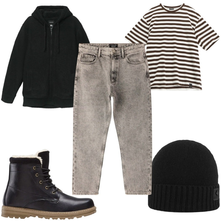 Outfit uomo - Total look #2315453. Stile Trendy per Tutti i giorni. Abbinamento con stivali e stivaletti, jeans dritti, felpe con cappuccio, t-shirt, berretti.