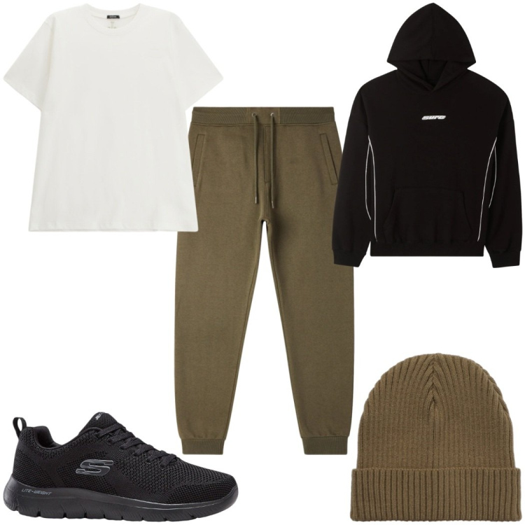 Outfit uomo - Total look #2315459. Stile Trendy per Tutti i giorni. Abbinamento con sneakers, pantaloni, berretti, felpe con cappuccio, t-shirt.