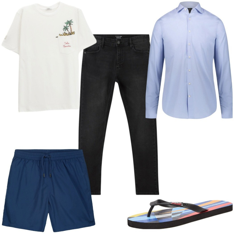 Outfit uomo - Total look #2315463. Stile Trendy per Mare. Abbinamento con sandali, jeans skinny, t-shirt, camicie, costumi.