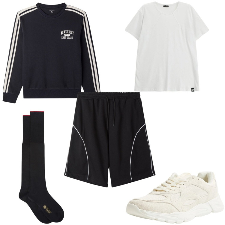 Outfit uomo - Total look #2315470. Stile Trendy per Sport. Abbinamento con sneakers, bermuda, felpe sportive, t-shirt, calzini.