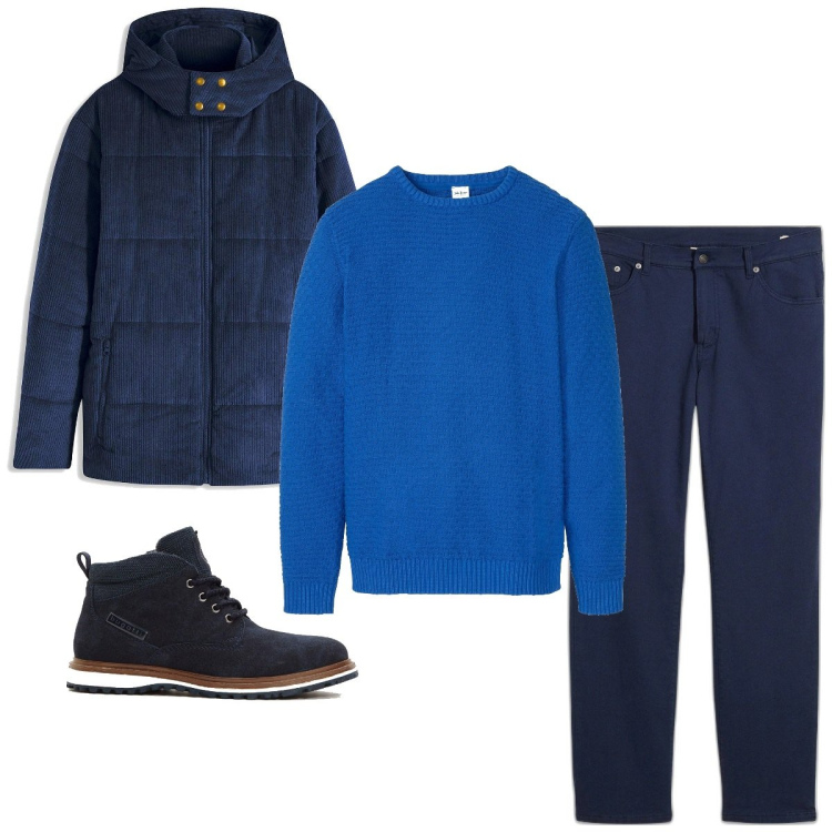 Outfit homme - Bleu janvier. Style Casual pour Bureau. Assortir avec pantalon , doudounes, bottes, pulls.