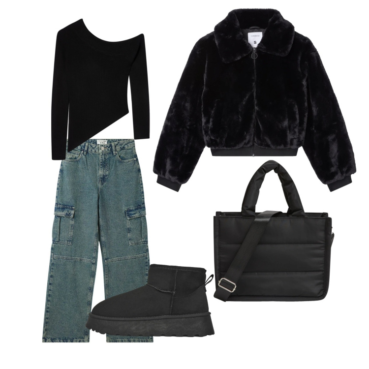 Outfit donna - Terranova. Stile Casual per Tutti i giorni. Abbinamento con ecopellicce, jeans, shopping bag, maglieria, stivaletti.