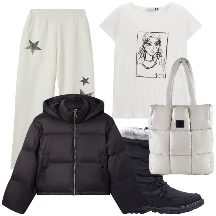 Outfit donna - Bicolor. Stile Basic per Tutti i giorni. Abbinamento con stivaletti, pantaloni, bomber, t-shirt, shopping bag.