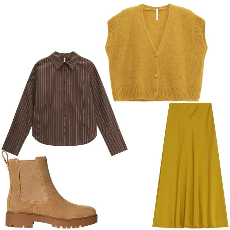 Outfit donna - Un tocco di senape. Stile Casual chic per Tutti i giorni. Abbinamento con gonne lunghe, cardigans, camicie, stivaletti chelsea.