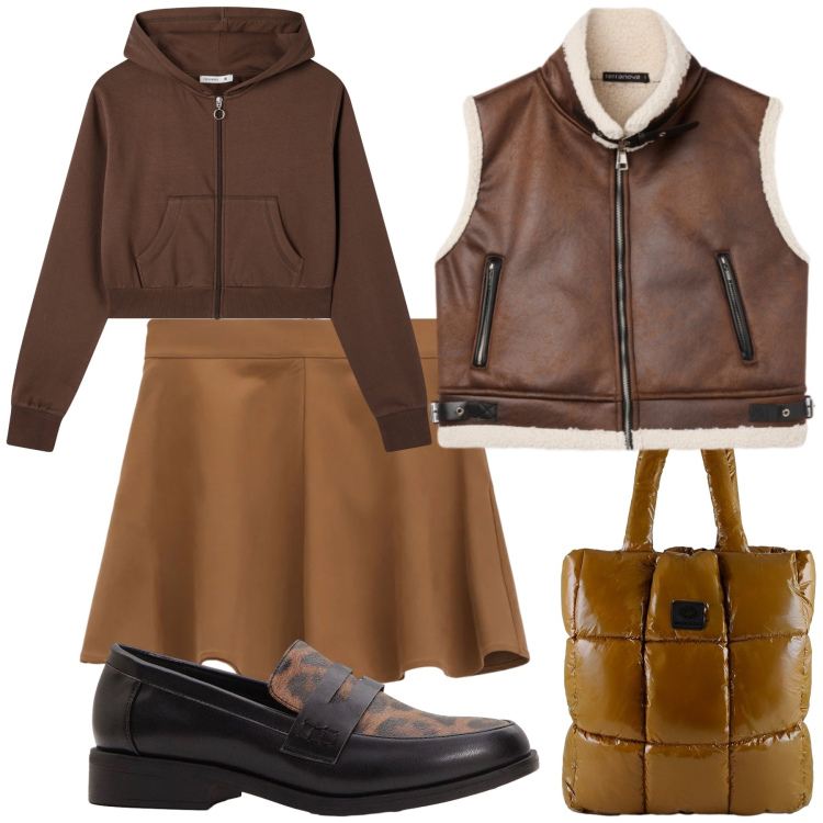 Outfit donna - Total look. Stile Urban per Tutti i giorni. Abbinamento con mocassini, felpe con cappuccio, piumini, minigonne, shopping bag.