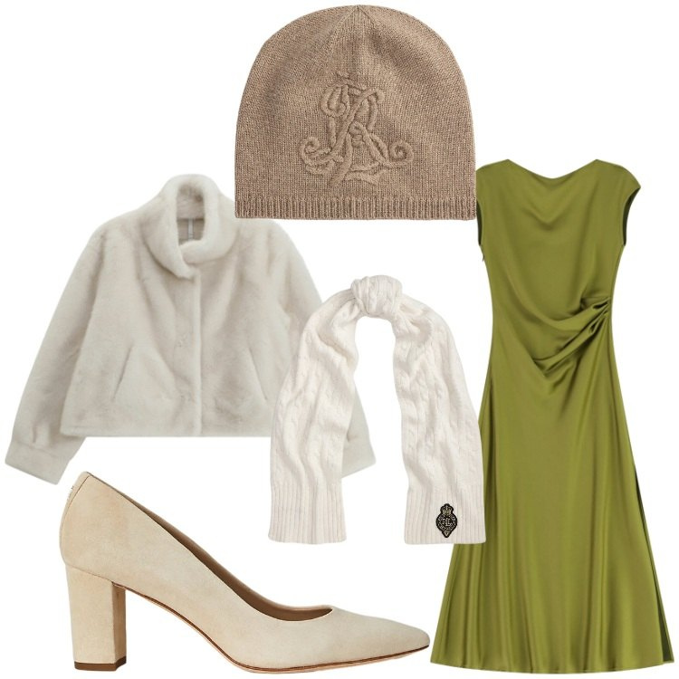 Outfit donna - Festa in montagna. Stile Casual chic per Serata fuori. Abbinamento con vestiti lunghi, ecopellicce, berretti, décolleté, sciarpe.