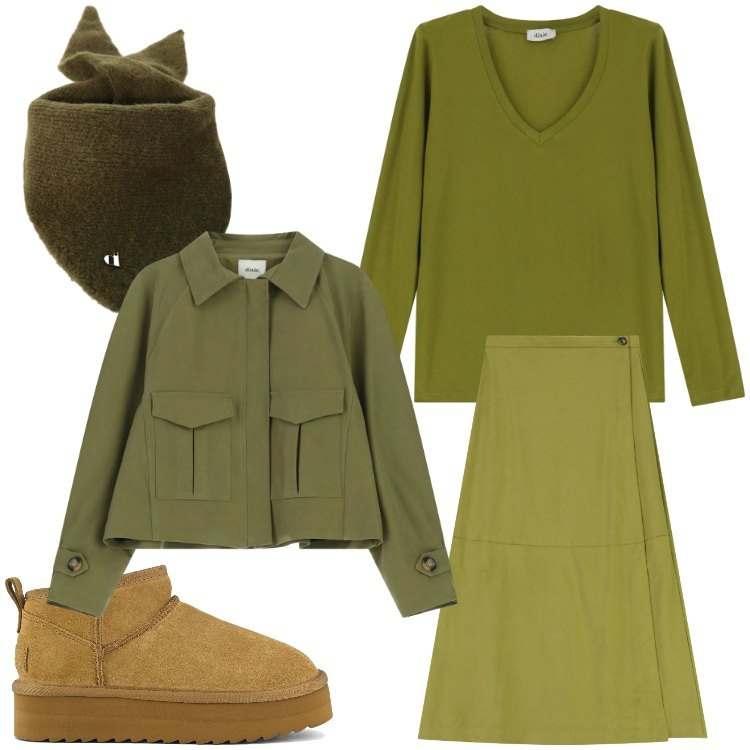 Outfit donna - Un bel colore. Stile Casual chic per Tutti i giorni. Abbinamento con t-shirt, bomber, gonne lunghe, foulard, stivaletti.