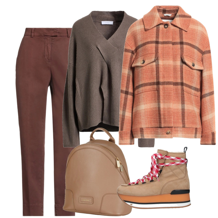 Outfit donna - Gennaio orange. Stile Casual per Tutti i giorni. Abbinamento con stivaletti, cappotti, pullovers, zaini, pantaloni skinny.