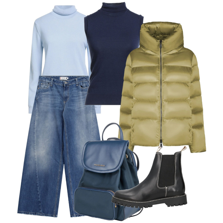 Outfit donna - Freddo a gennaio. Stile Casual per Tutti i giorni. Abbinamento con maglieria, stivaletti chelsea, maglieria, zaini, jeans, piumini.