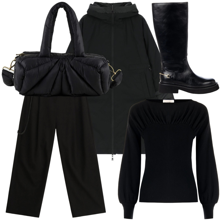 Outfit donna - Black sales. Stile Basic per Tutti i giorni. Abbinamento con parka, pantaloni a palazzo, borse a mano, maglieria, stivali sopra il ginocchio.